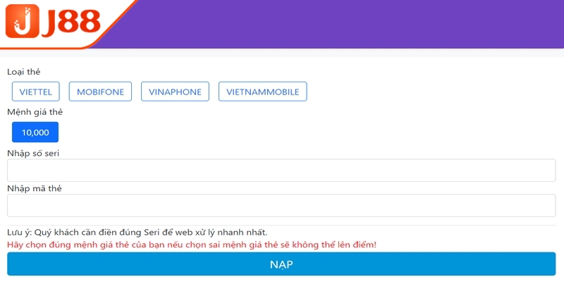 Nạp tiền J88 qua thẻ cào hỗ trợ nhiều nhà mạng